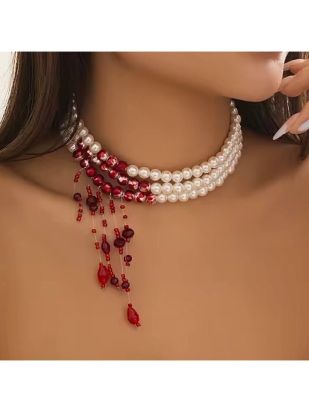 Pearl Scarlet Red Blood Crystal Choker – Queen’s Statement Necklace